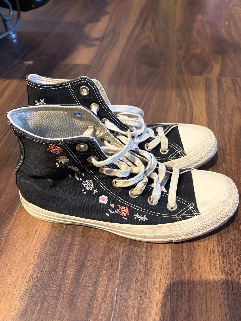 Converse Black High-Top Canvas Sneakers with Floral Embroidery
